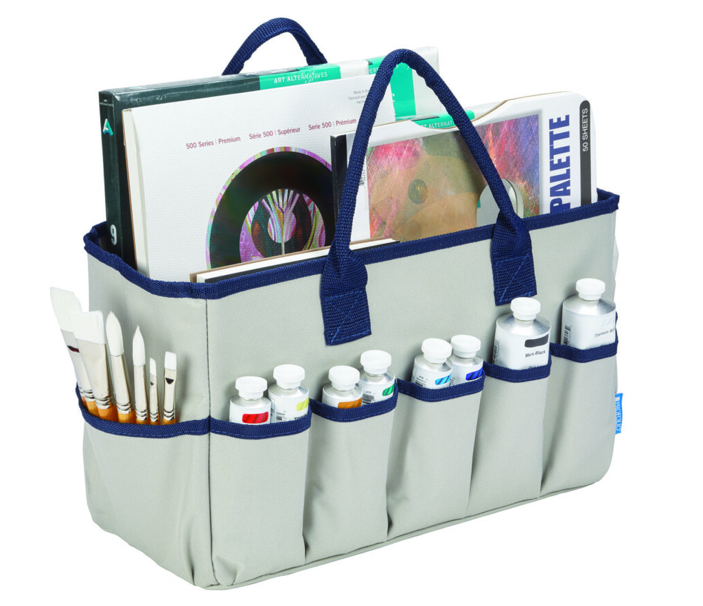 Itoya Entourage Tote Bag Organizer With 12 Pockets - Gray Craft Organizer  And Art Supply Case With Navy Handles - Art Bag And Craft Storage Organizer  - Art Caddy Sewing Organizer And Storage 